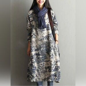 Toile Print Tunic Dress Elephant Safari Print Boho A-Line 3/4 Sleeve